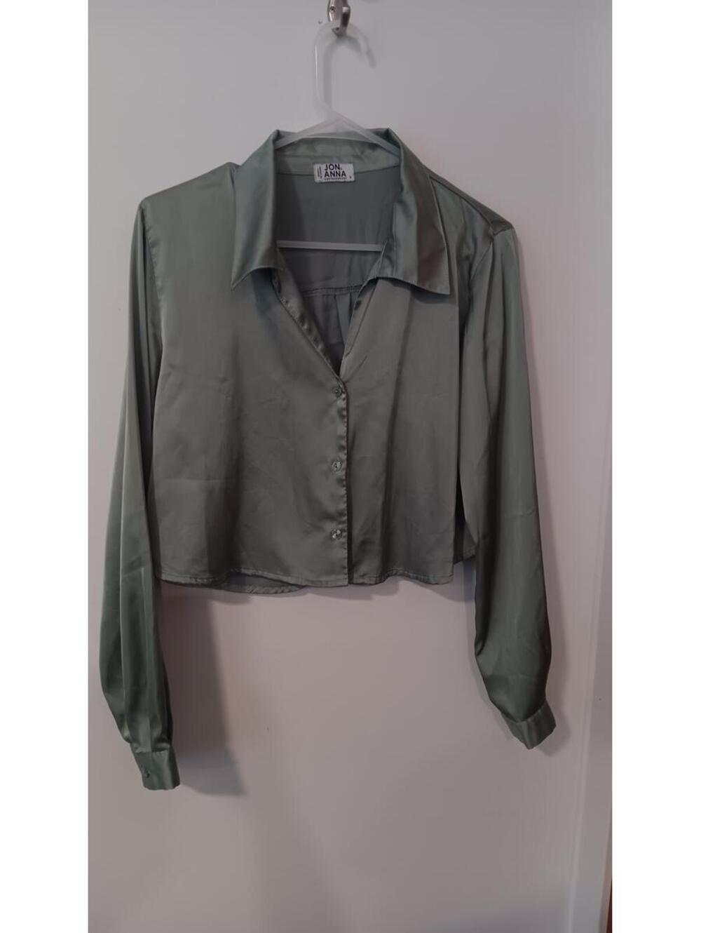 Luna Sage Green Satin Button-Up Blouse